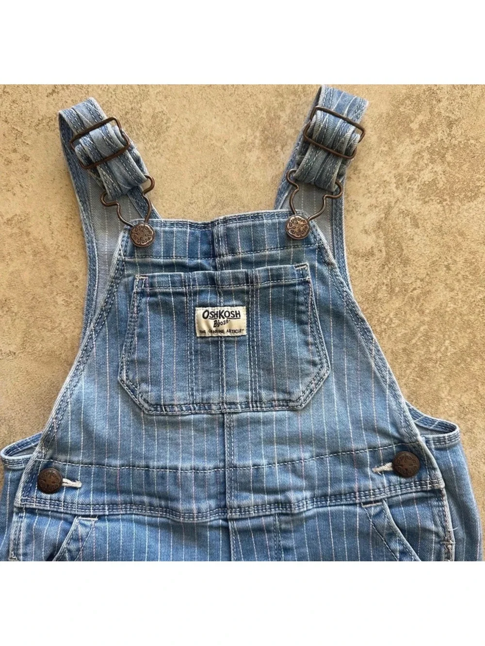 OshKosh B'gosh Girls 3T Light Blue Pinkand White Pinstriped Denim Overalls